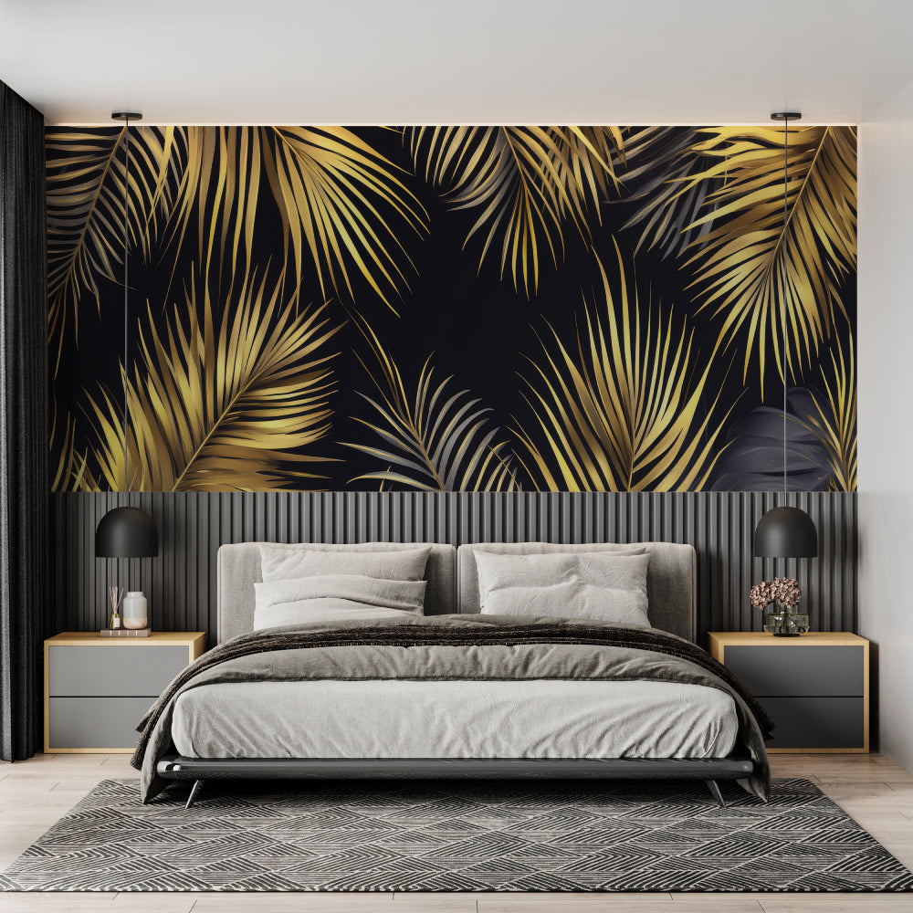 Gold palm leaves mural in dining room, elegant black backdrop adds sophistication