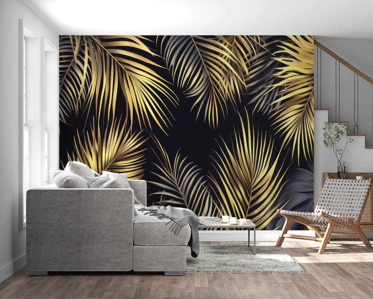 Tropical wall mural showcased in home office, metallic palm pattern creates focus wall