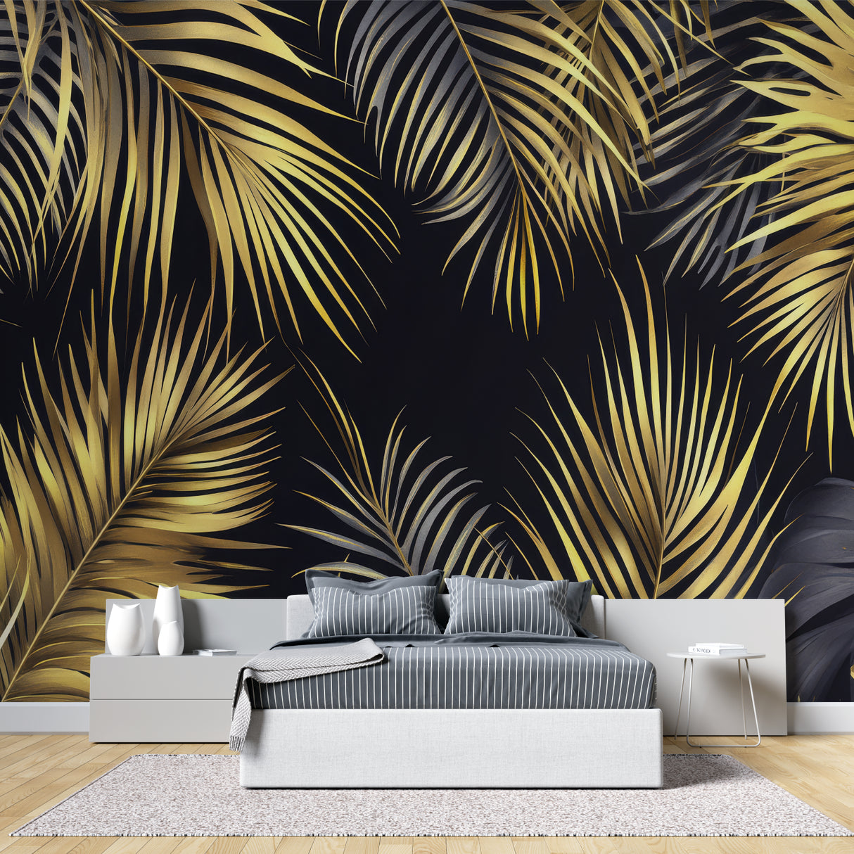 Palm leaf wallpaper featured in entrance hall, black and gold design adds drama