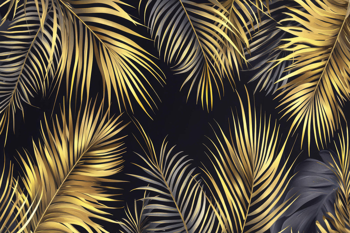 Gold tropical palm leaves pattern on black background, design file showing intricate details