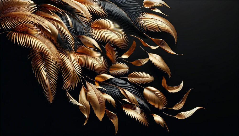 Tropical palm leaves wallpaper design file showing detailed gold fronds on black background