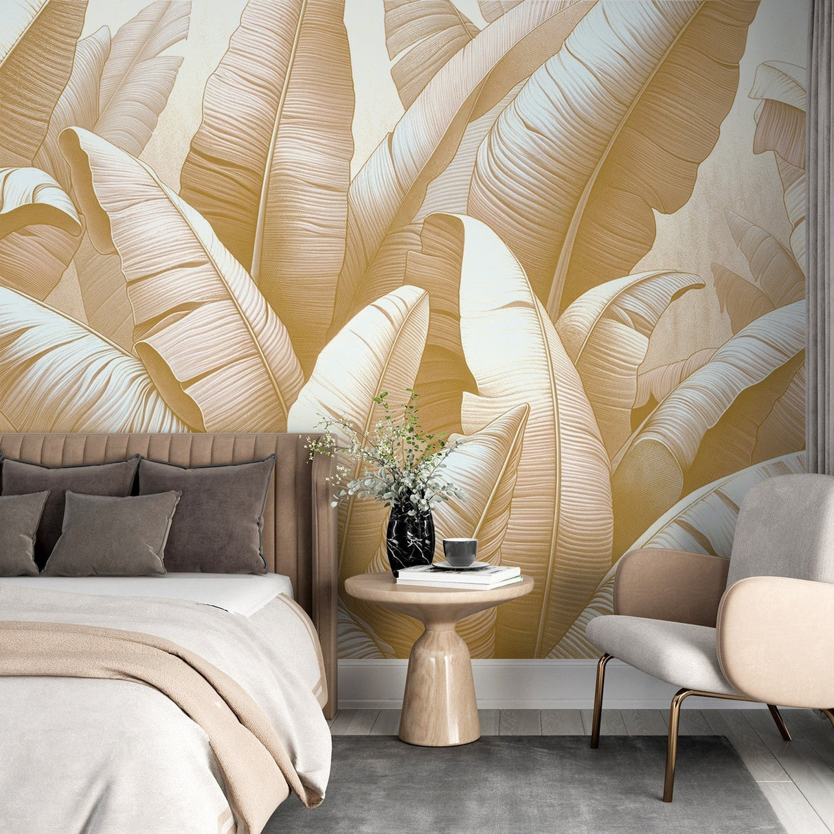 Tropical banana leaf wallpaper in golden tones creating a warm atmosphere in a modern living room with natural light