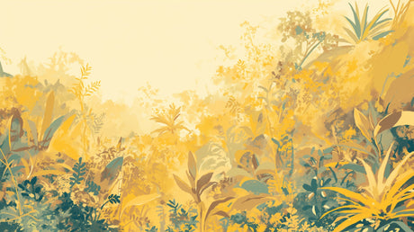 Tropical golden foliage wallpaper in bright modern bedroom showing sunlight effect