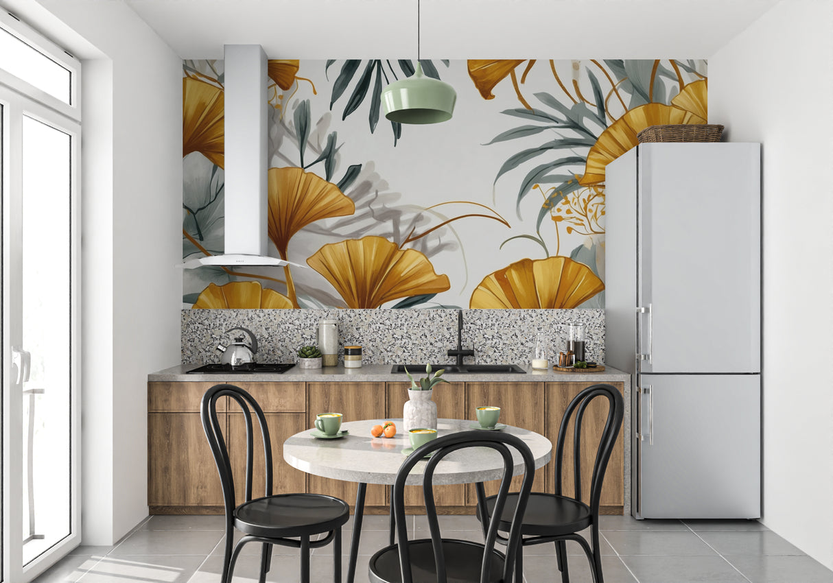 Golden Ginkgo leaf wallpaper in modern living room, creating warm and inviting atmosphere
