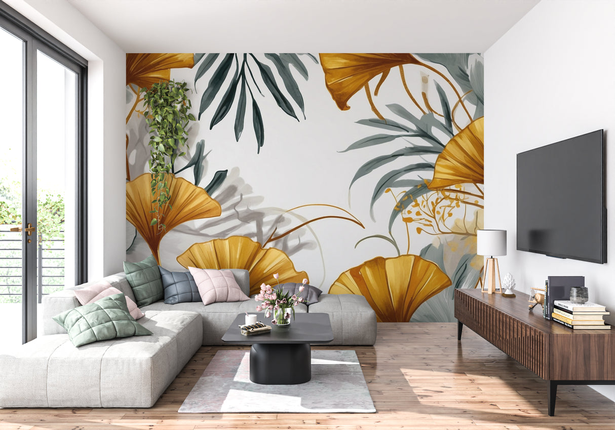 Tropical leaf wallpaper brightening dining room with golden ginkgo pattern