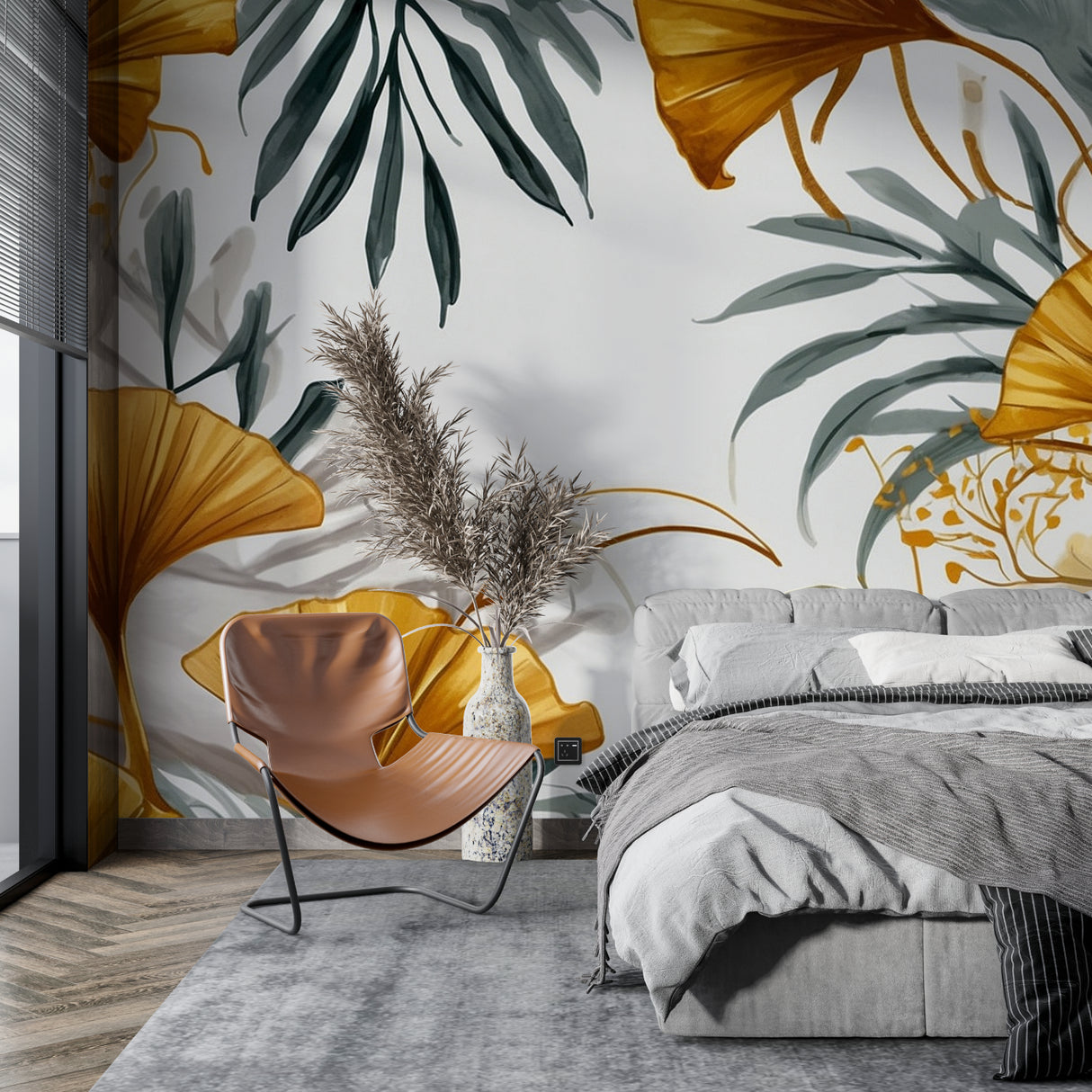 Grey and gold botanical wallpaper in home office showing scale and texture