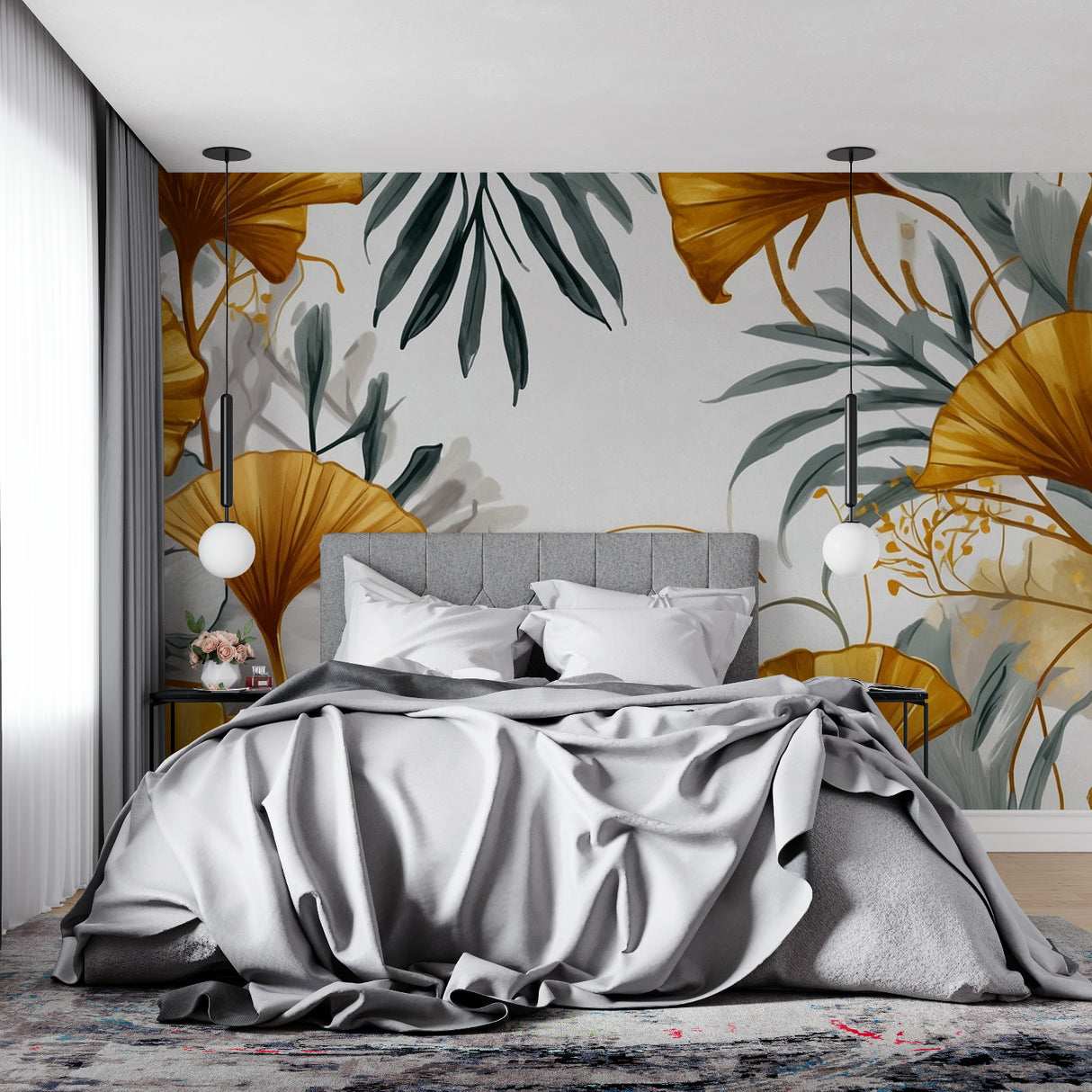 Modern ginkgo leaf mural in hallway showcasing full wall application