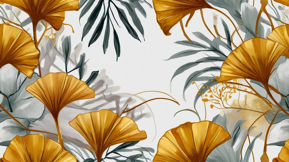 Design file of golden ginkgo leaves with grey tropical foliage pattern on white background