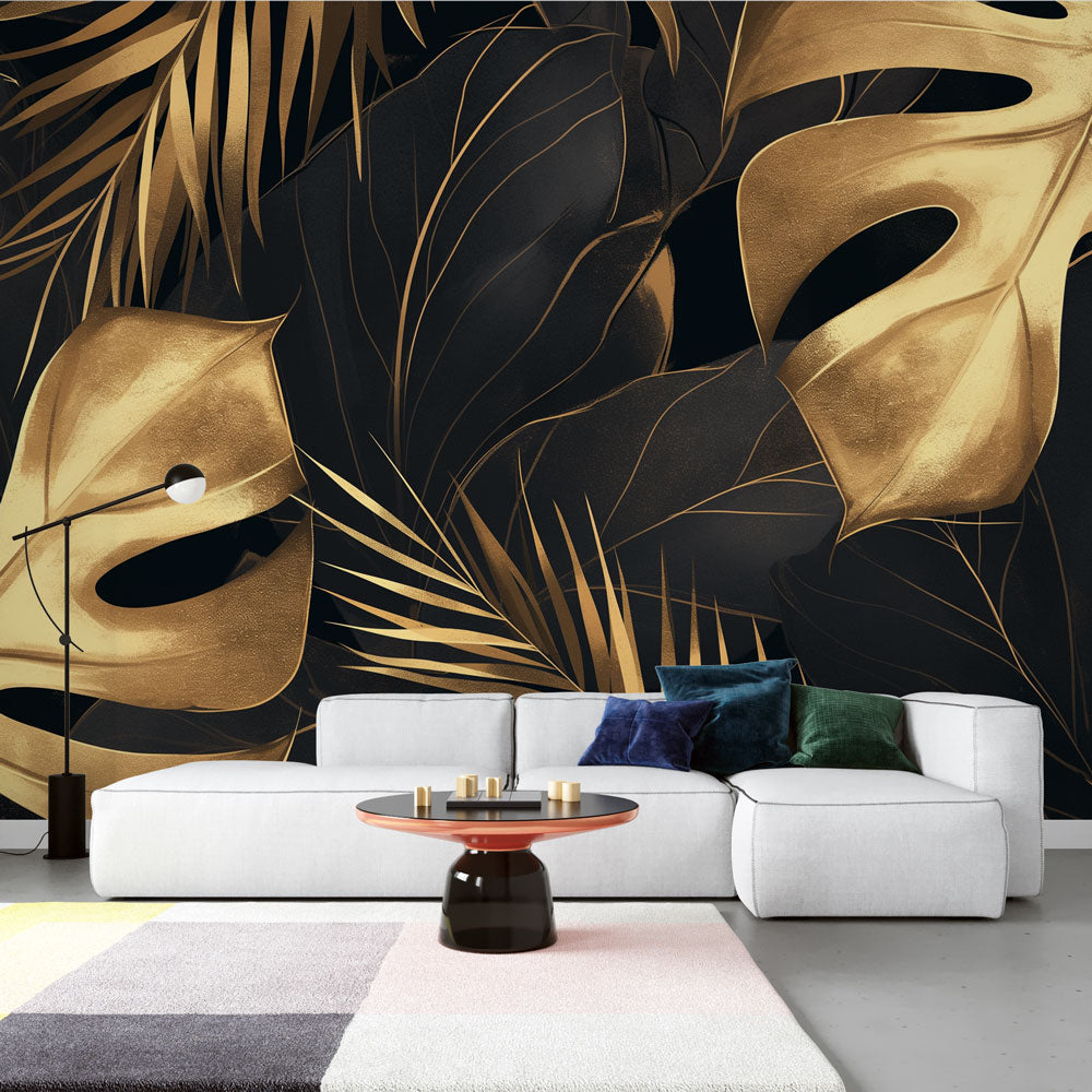 Tropical black and gold monstera leaf wallpaper creating a luxurious atmosphere in a modern living room with tall windows