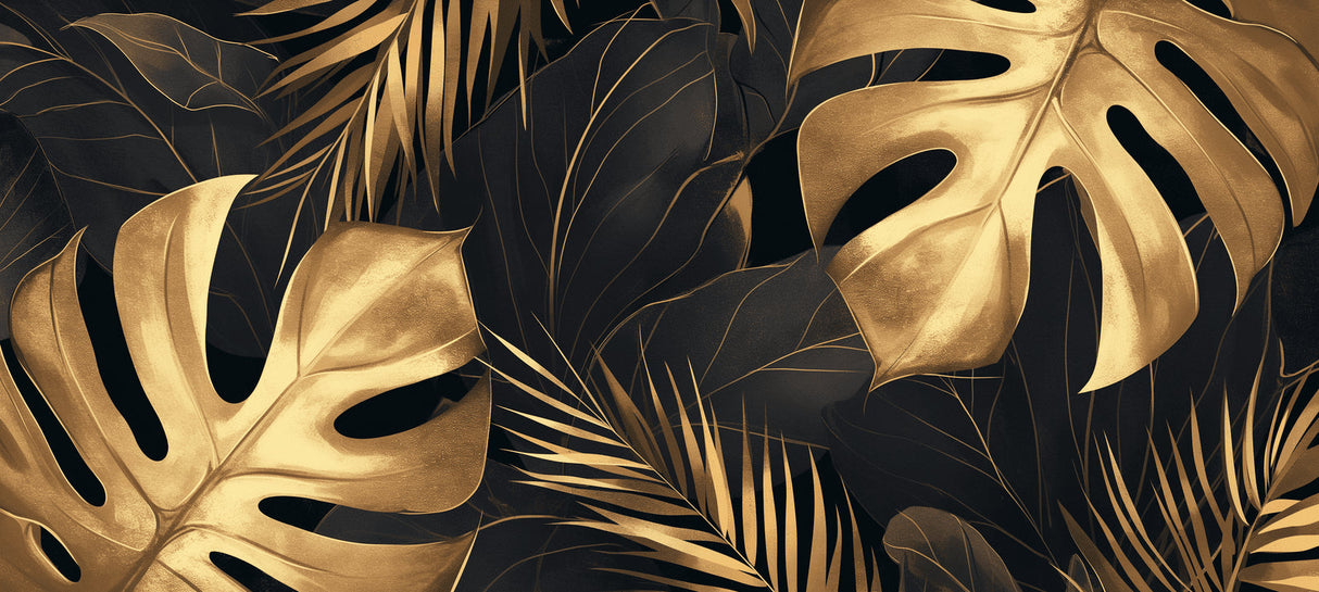 Black and gold tropical leaf wallpaper design file showing detailed monstera and palm pattern