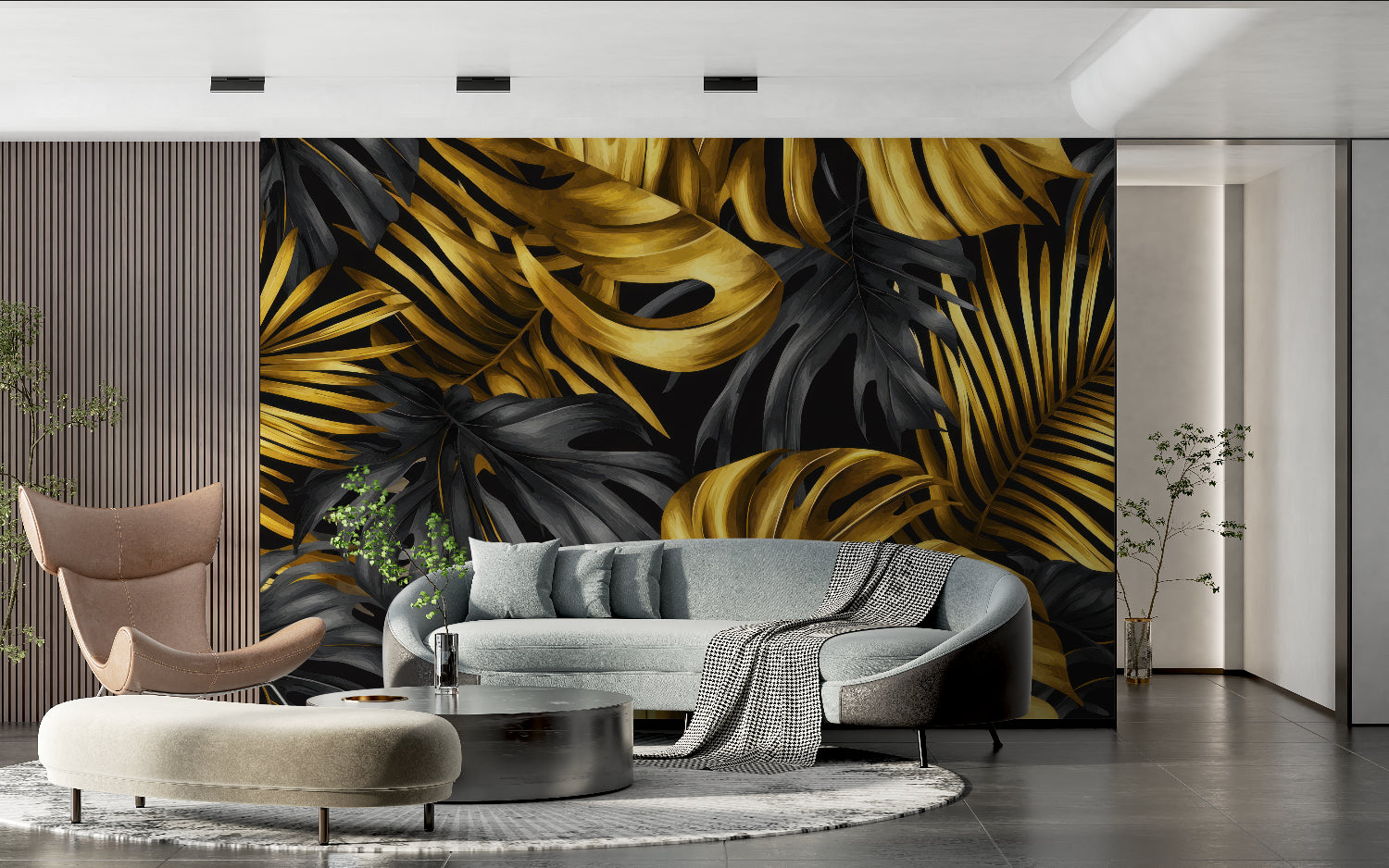 Entrance hall transformed with black and gold Monstera leaf wallpaper design