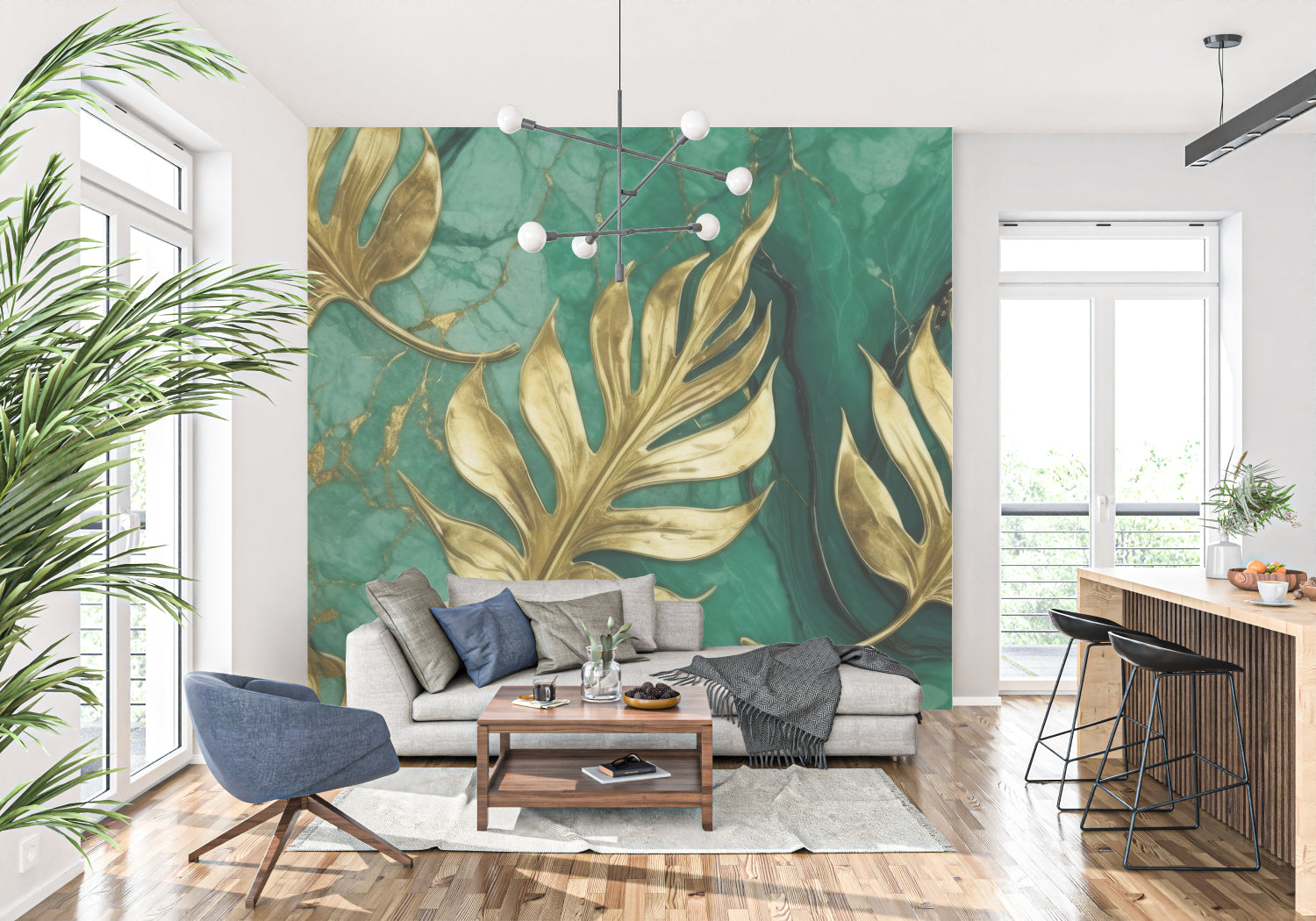 Golden Monstera leaves pattern on green marble background in entrance hall
