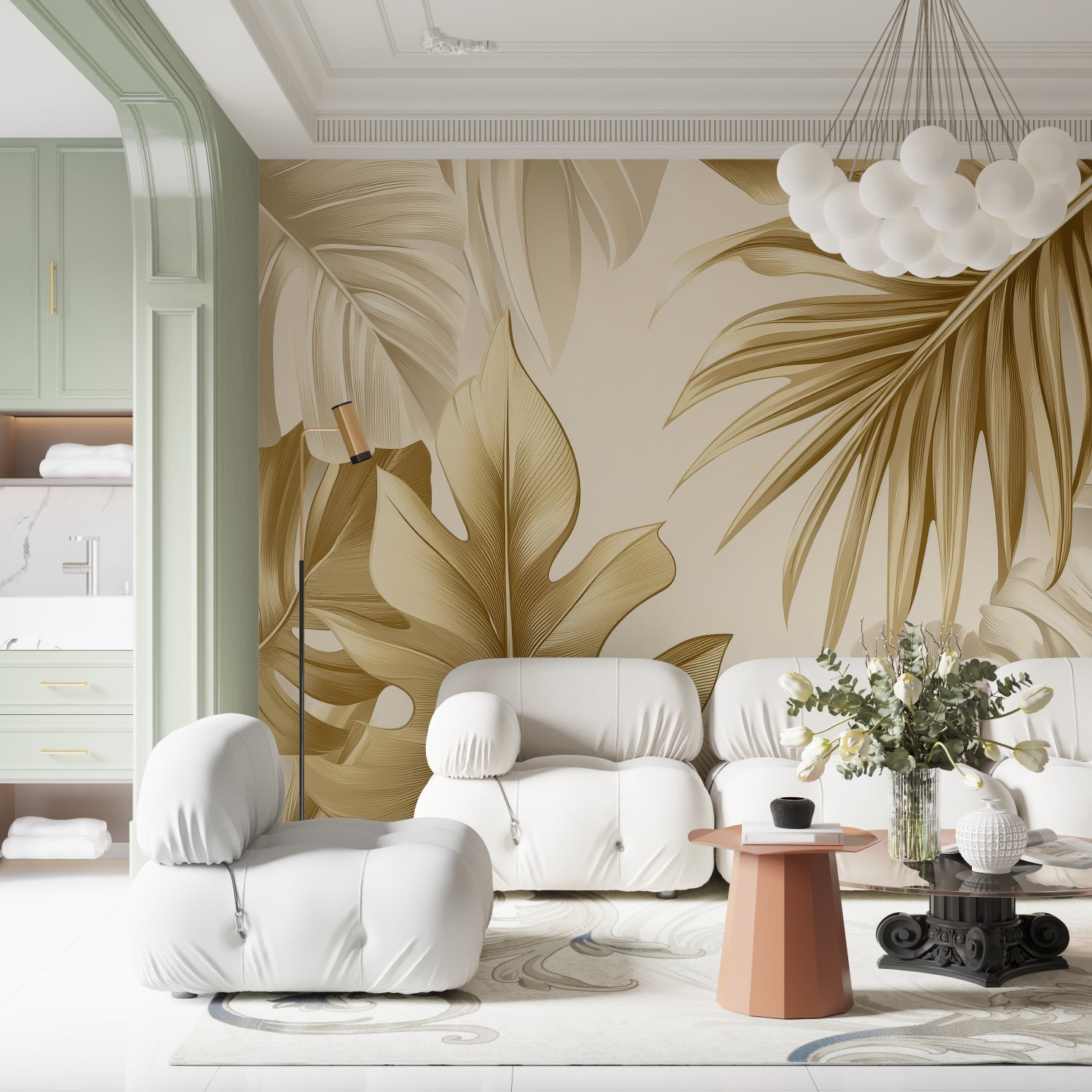 Tropical palm leaf wallpaper in gold tones creating a stunning accent wall in a modern living room