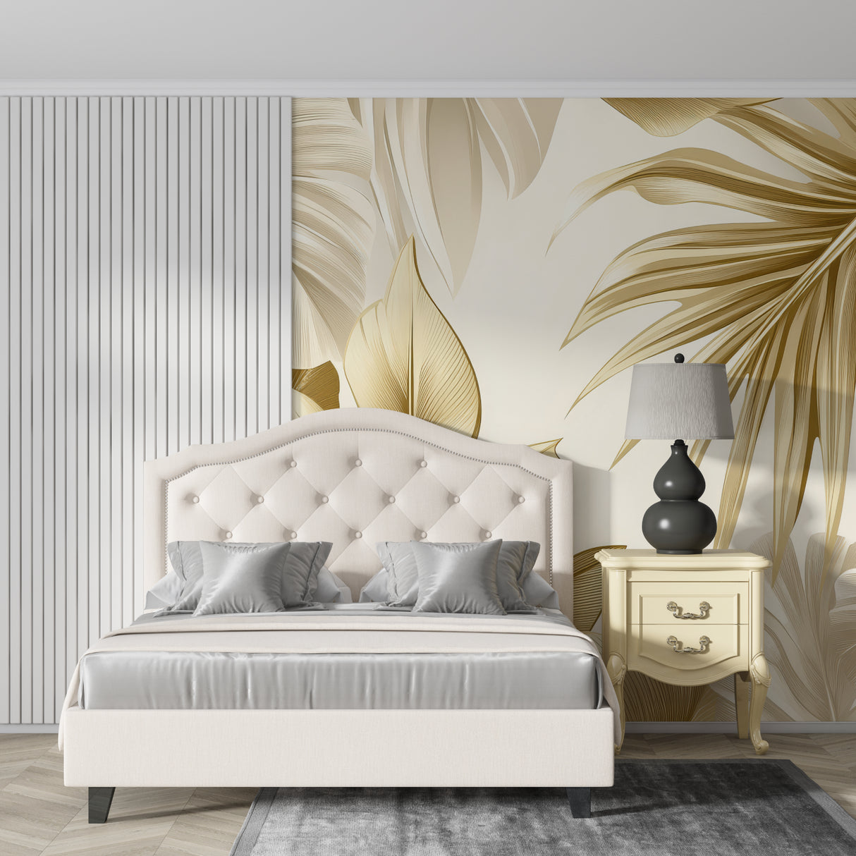 Palm and monstera leaf pattern creating an elegant home office backdrop
