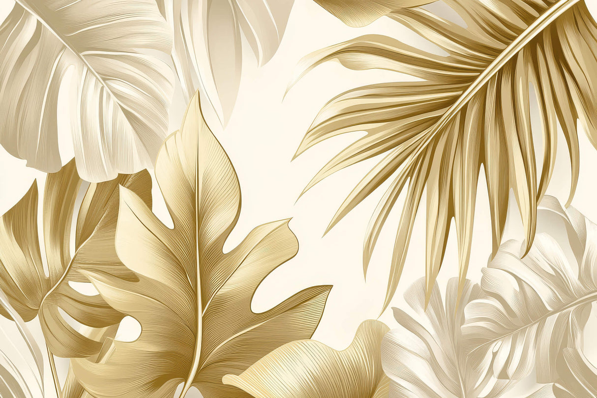 Detailed design file showing golden palm and monstera leaves pattern on cream background