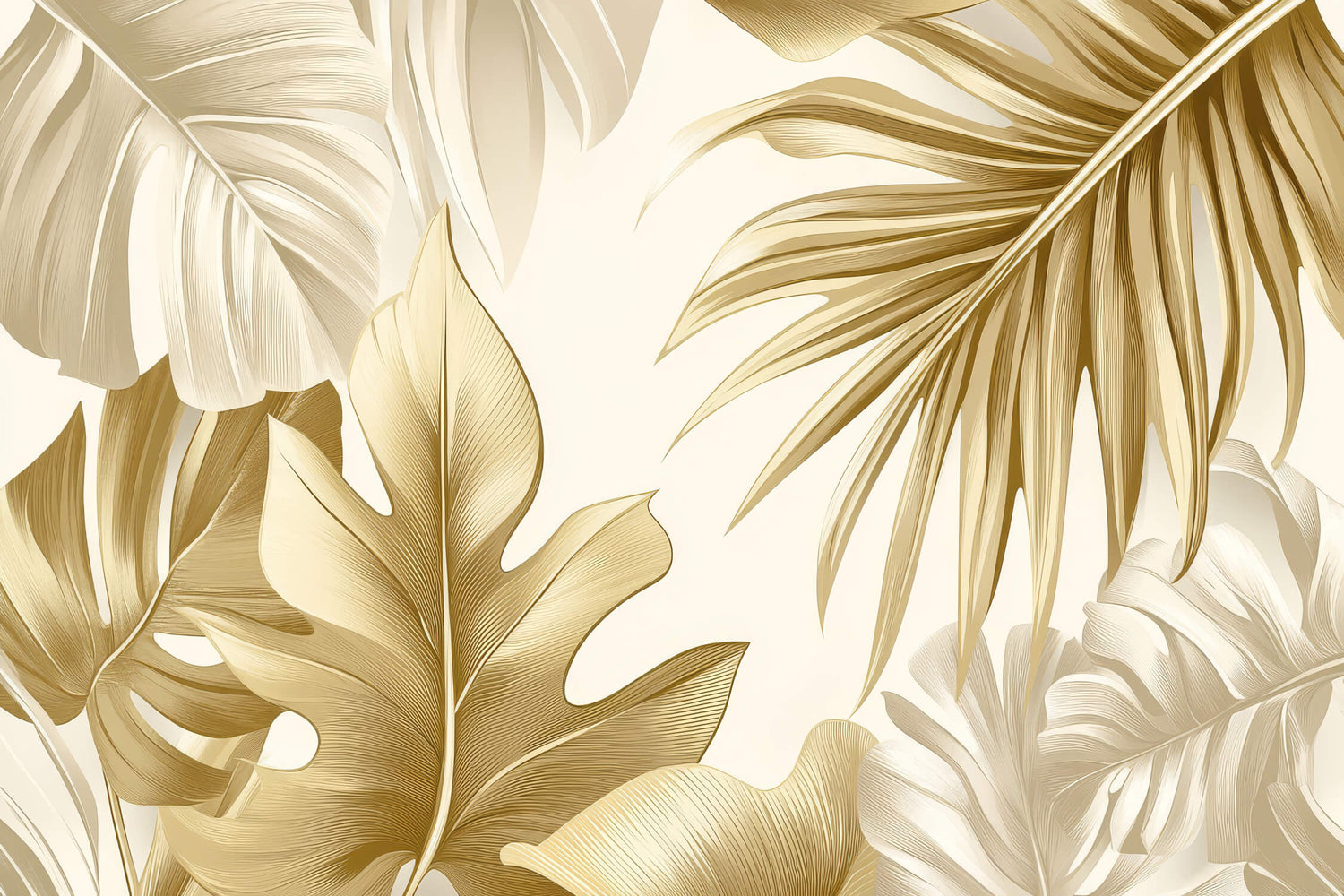 Detailed design file showing golden palm and monstera leaves pattern on cream background