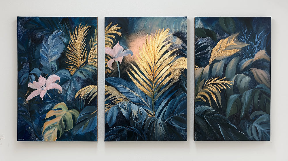 Golden palm leaves and pink lilies design file showing intricate tropical pattern details