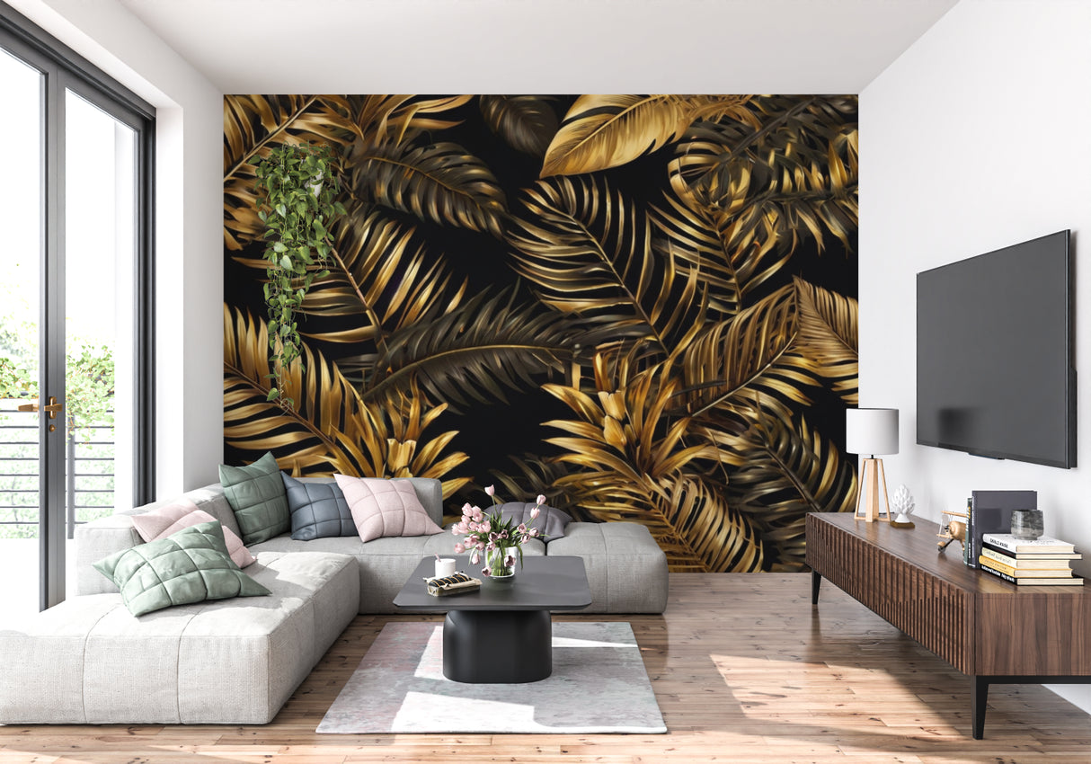Tropical palm leaf wallpaper in modern living room showing metallic gold leaves against black background