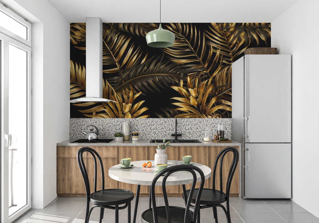 Black and gold palm wallpaper creating luxury feel in master bedroom