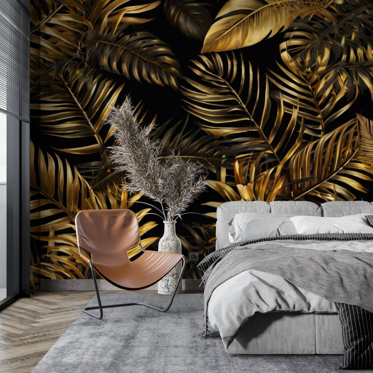 Golden palm leaves mural adding drama to dining room wall