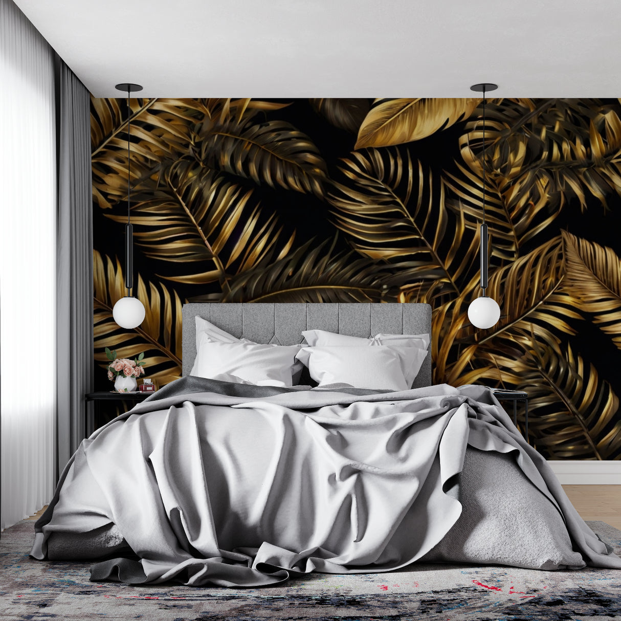 Tropical gold leaf wallpaper making statement in home office