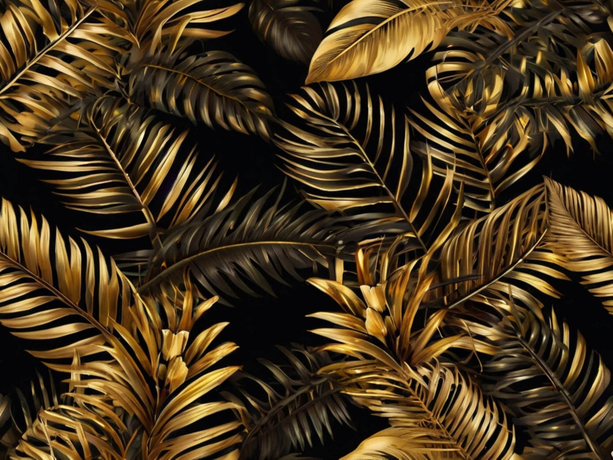 Design file showing detailed golden palm leaves pattern on black background