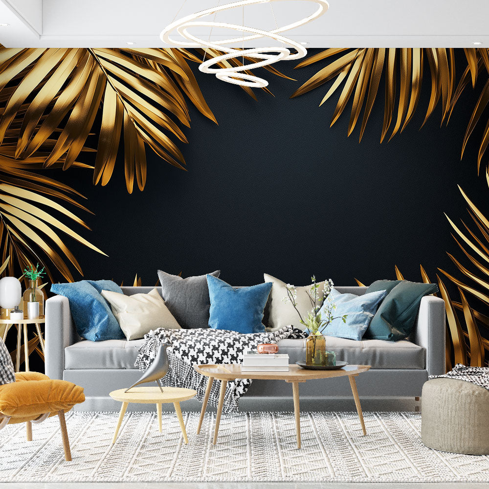 Tropical black and gold palm leaf wallpaper in a modern dining room with pendant lights casting shadows on metallic details