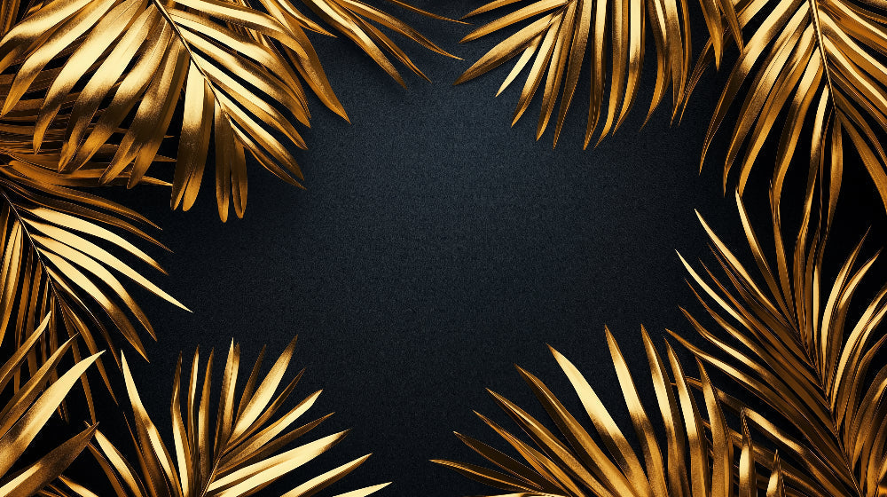 Black and gold tropical palm leaf wallpaper design file showing detailed metallic fronds pattern
