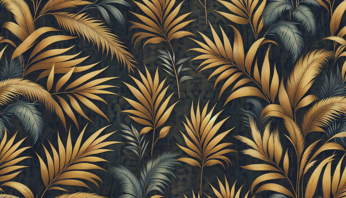 Tropical palm leaf wallpaper with golden details creating luxury atmosphere in modern living room with tall windows