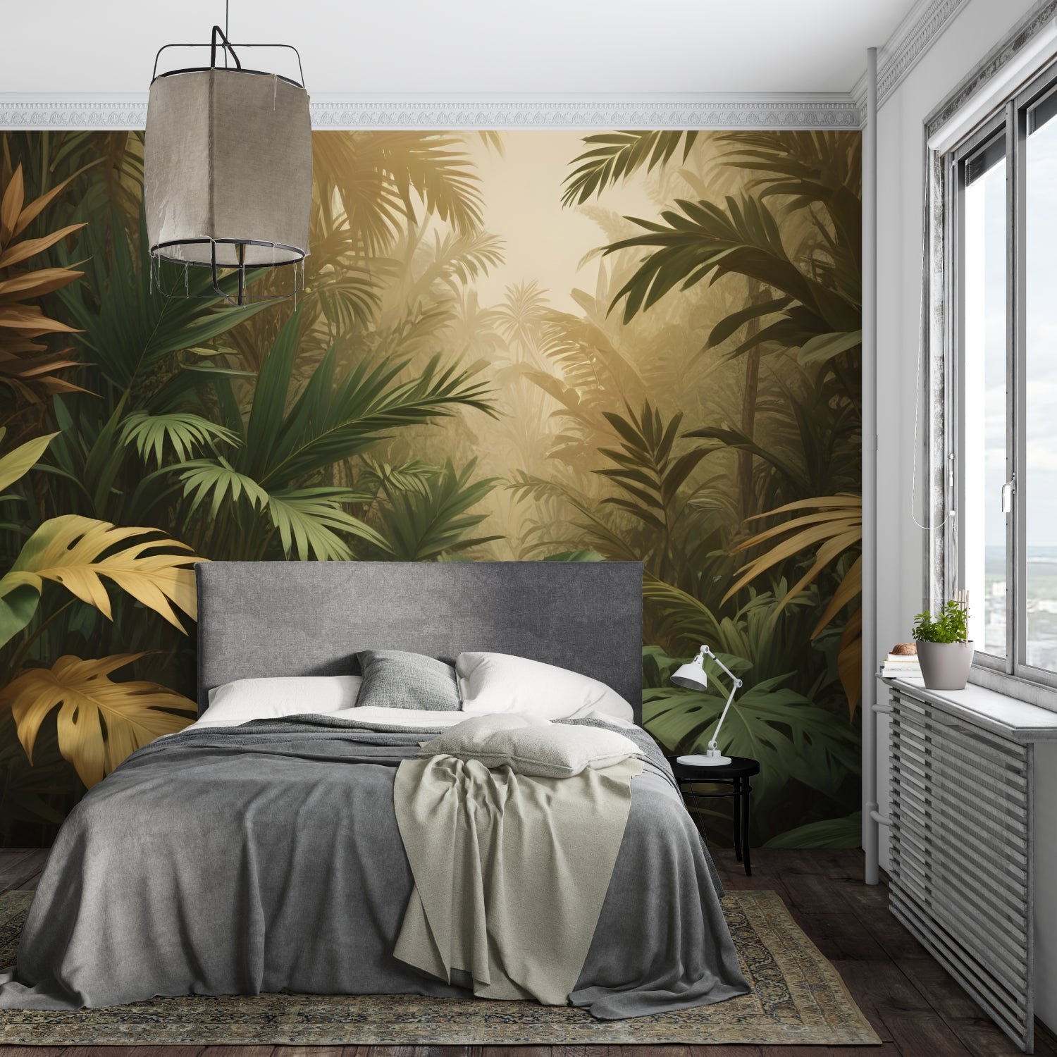 Tropical wall mural with golden accents making dining room feel more spacious