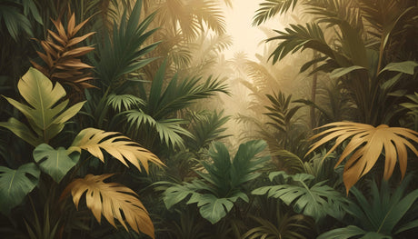 Tropical jungle wallpaper design file showing detailed golden leaf pattern and misty background