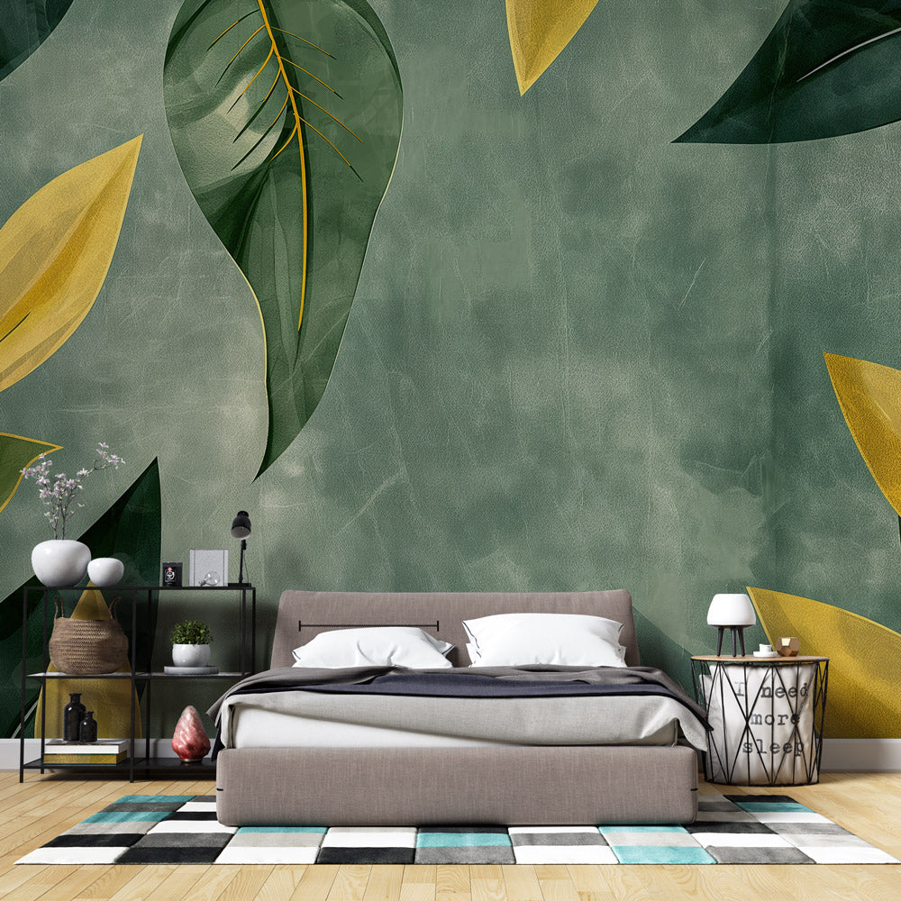 Tropical leaf wallpaper making a stunning statement in a modern living room with natural light