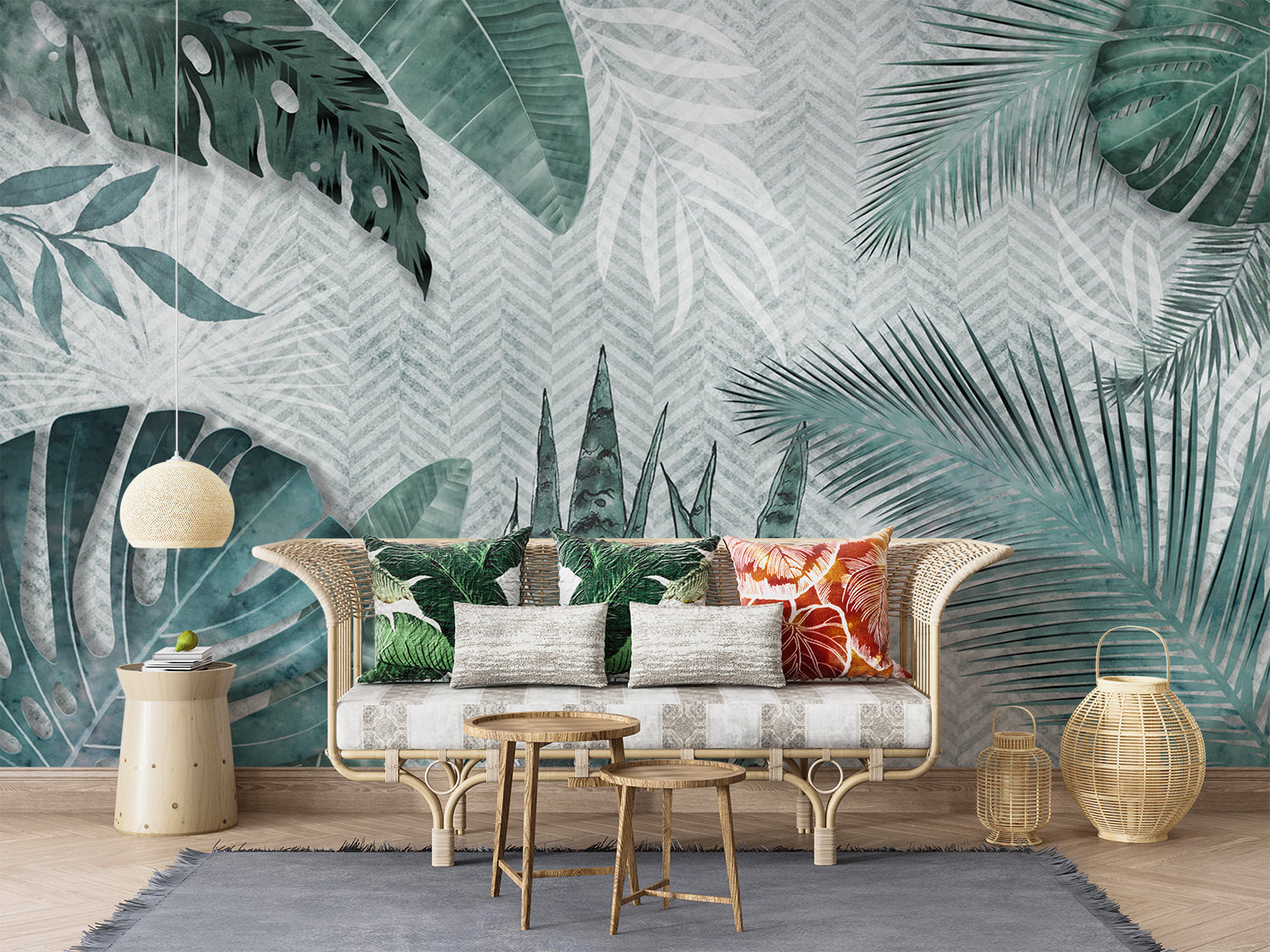 Green botanical wall mural enhancing modern bathroom design