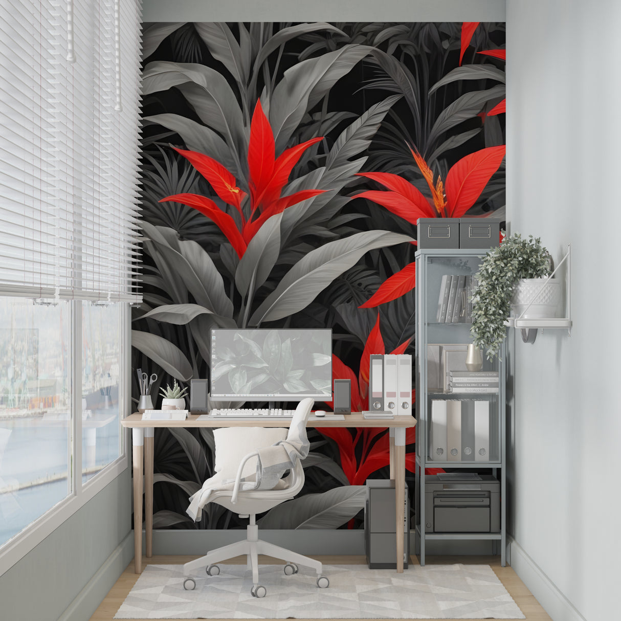 Tropical leaf wallpaper with grey and red tones creating drama in a modern living room setting