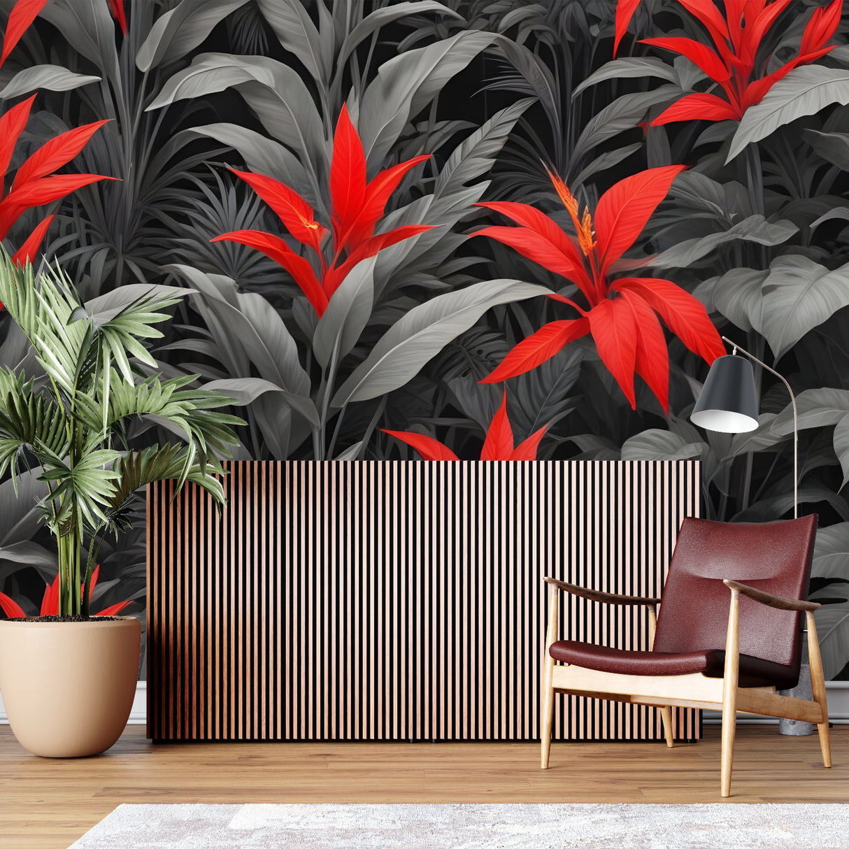 Grey and red tropical wallpaper making a bold statement in a dining room