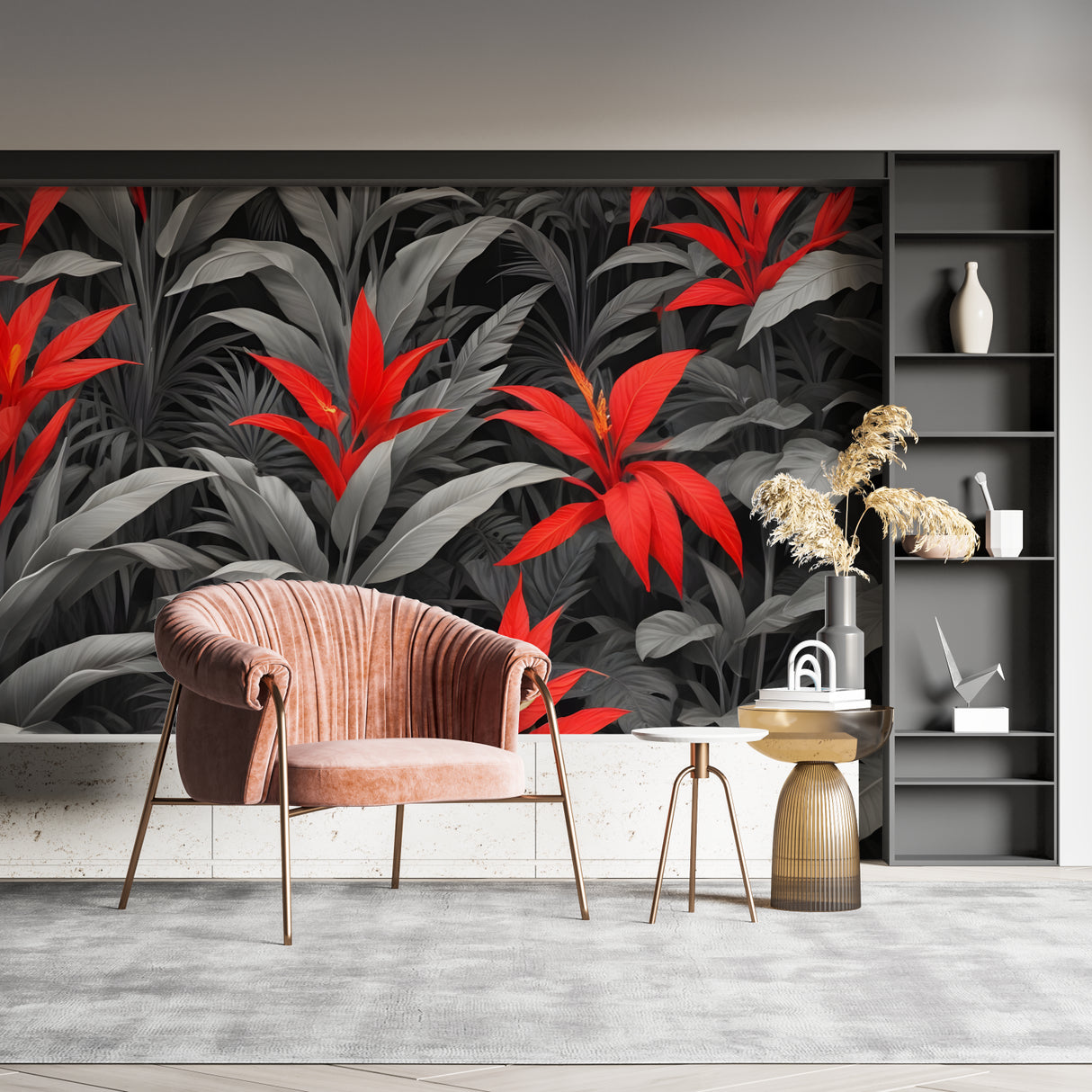 Exotic leaf mural bringing life to a contemporary bedroom space