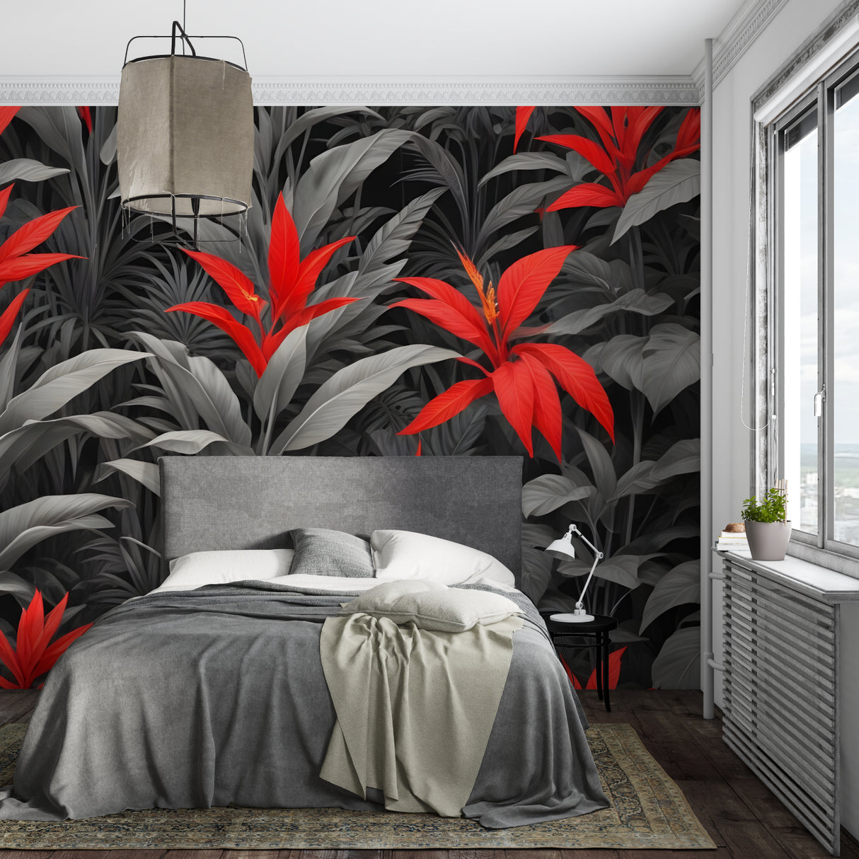 Modern tropical wallpaper showcased in a stylish home office