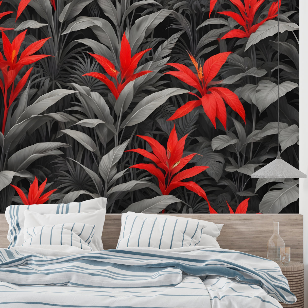 Red and grey botanical wallpaper creating depth in an entrance hall