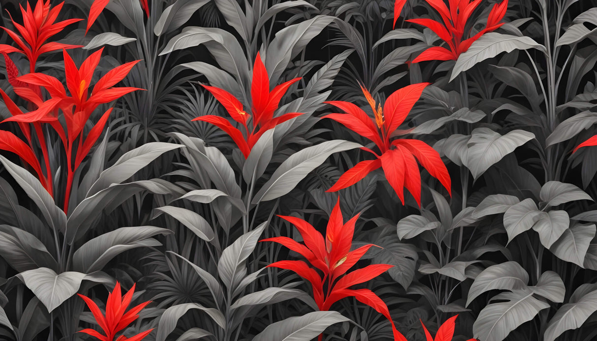 Tropical wallpaper design file showing detailed grey leaves with vibrant red accents