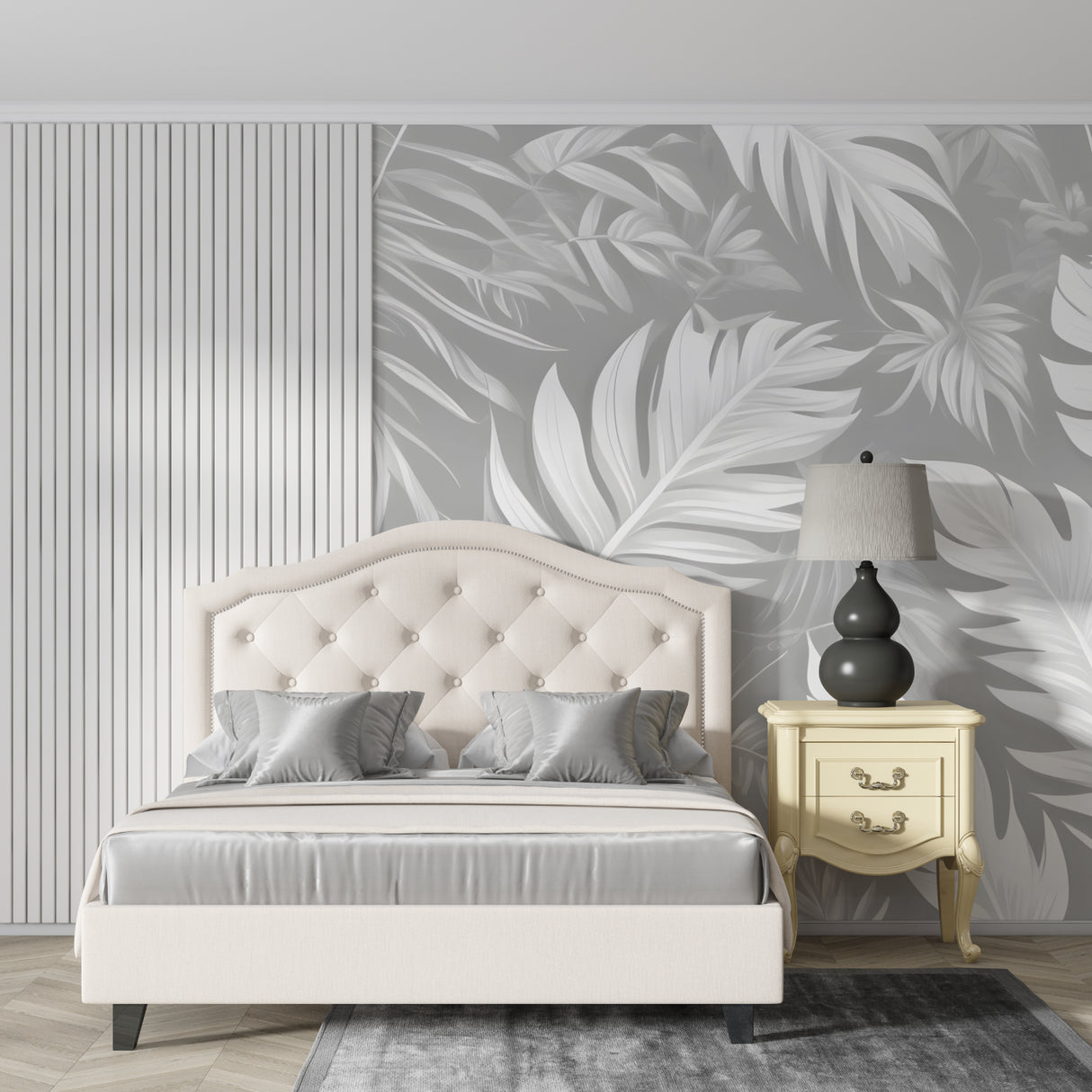 Grey Palm Leaves Tropical Wallpaper in modern living room with natural light