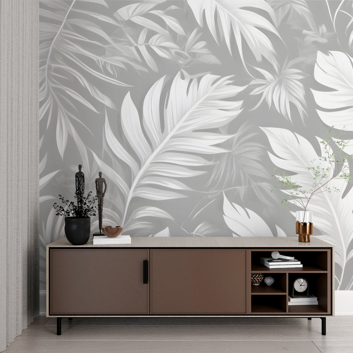 Tropical leaf wallpaper creating calm atmosphere in master bedroom