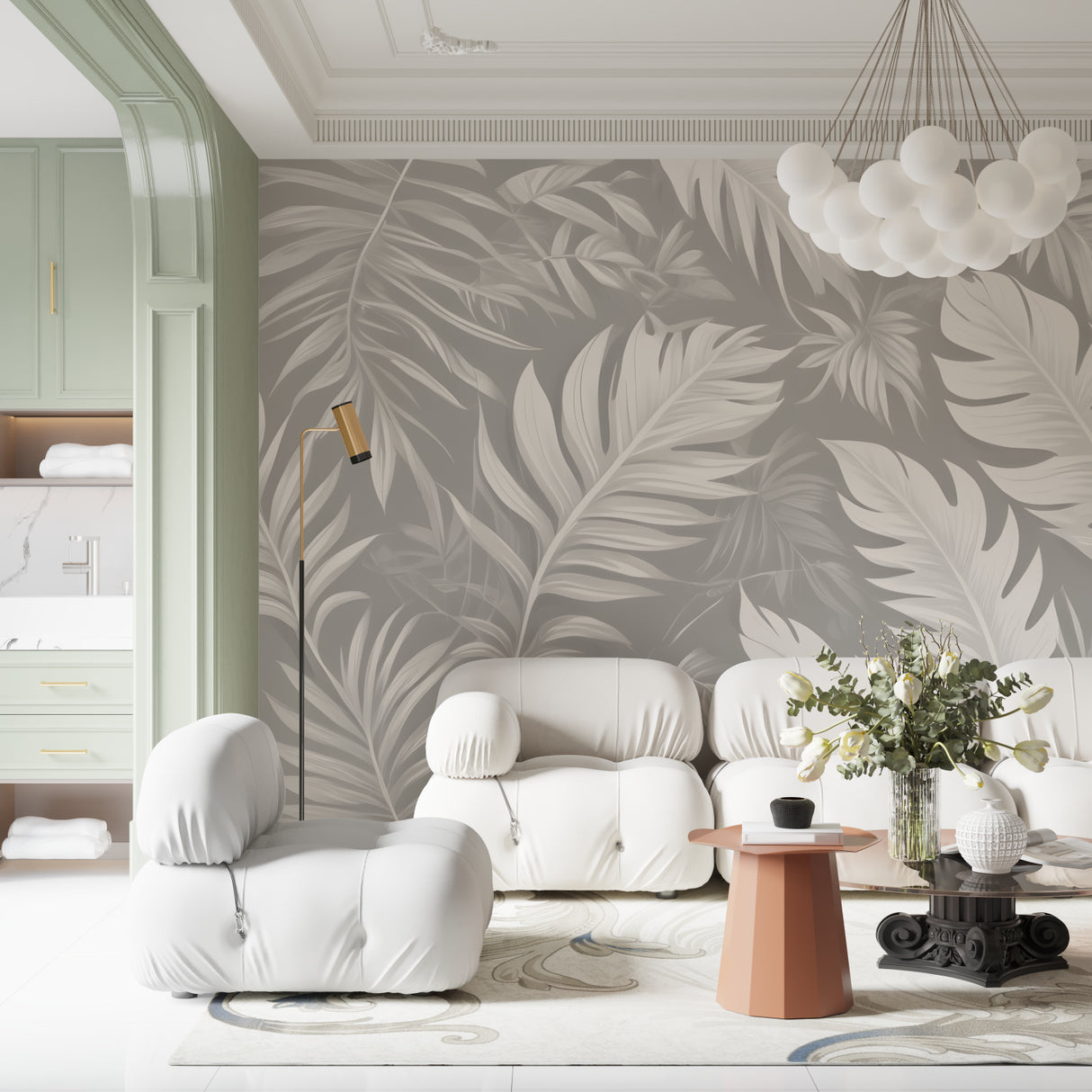 Grey botanical wallpaper in minimalist dining room setting