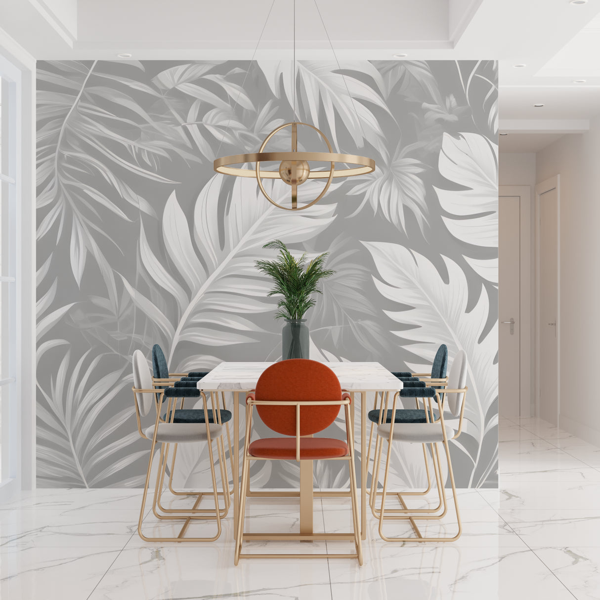 Palm leaf pattern mural in contemporary home office space
