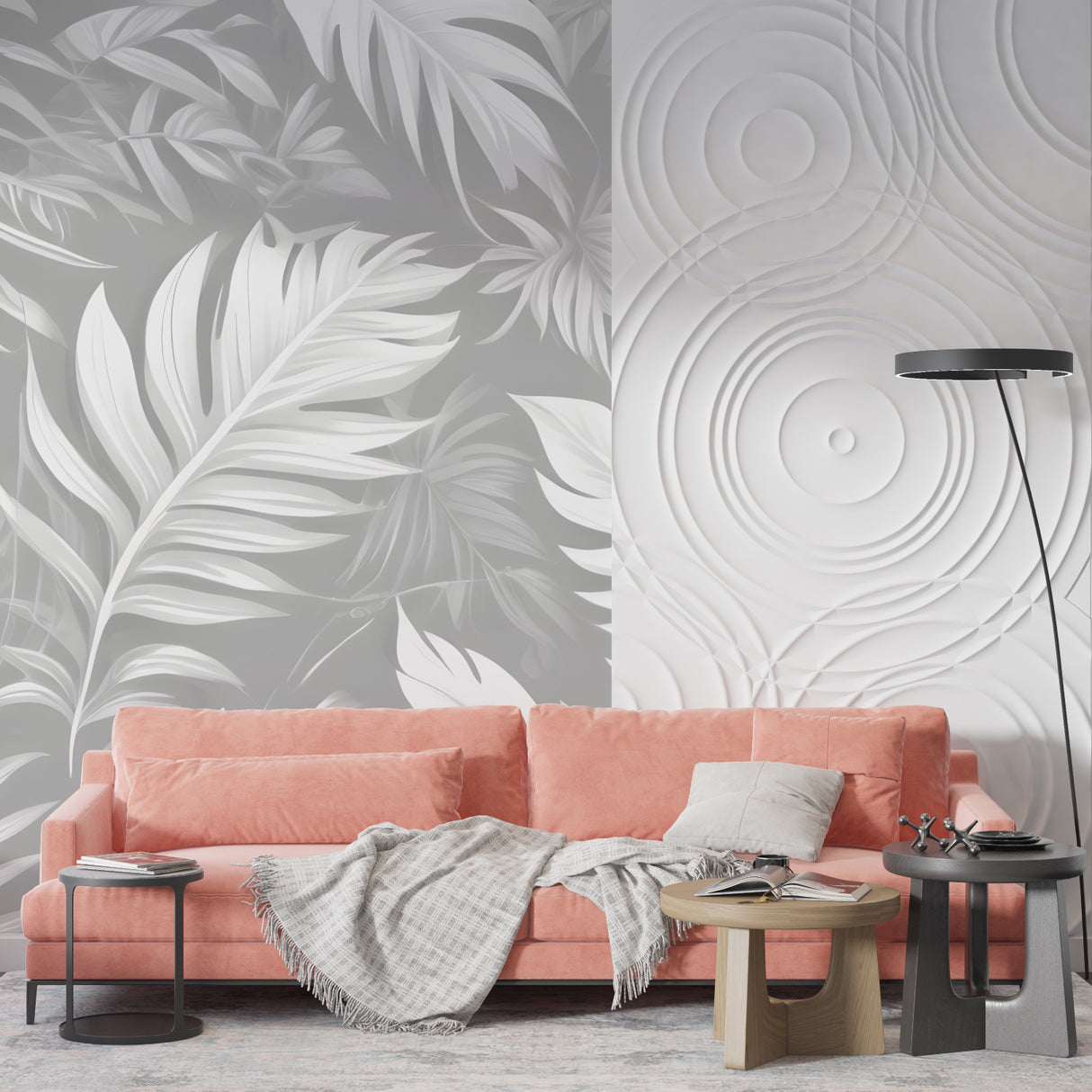 Modern grey tropical wallpaper in stylish bathroom interior
