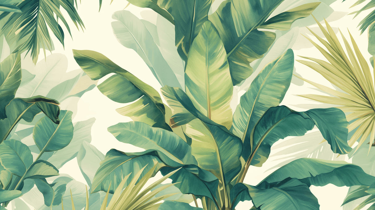 Tropical banana leaf wallpaper in modern living room with white sofa and natural light