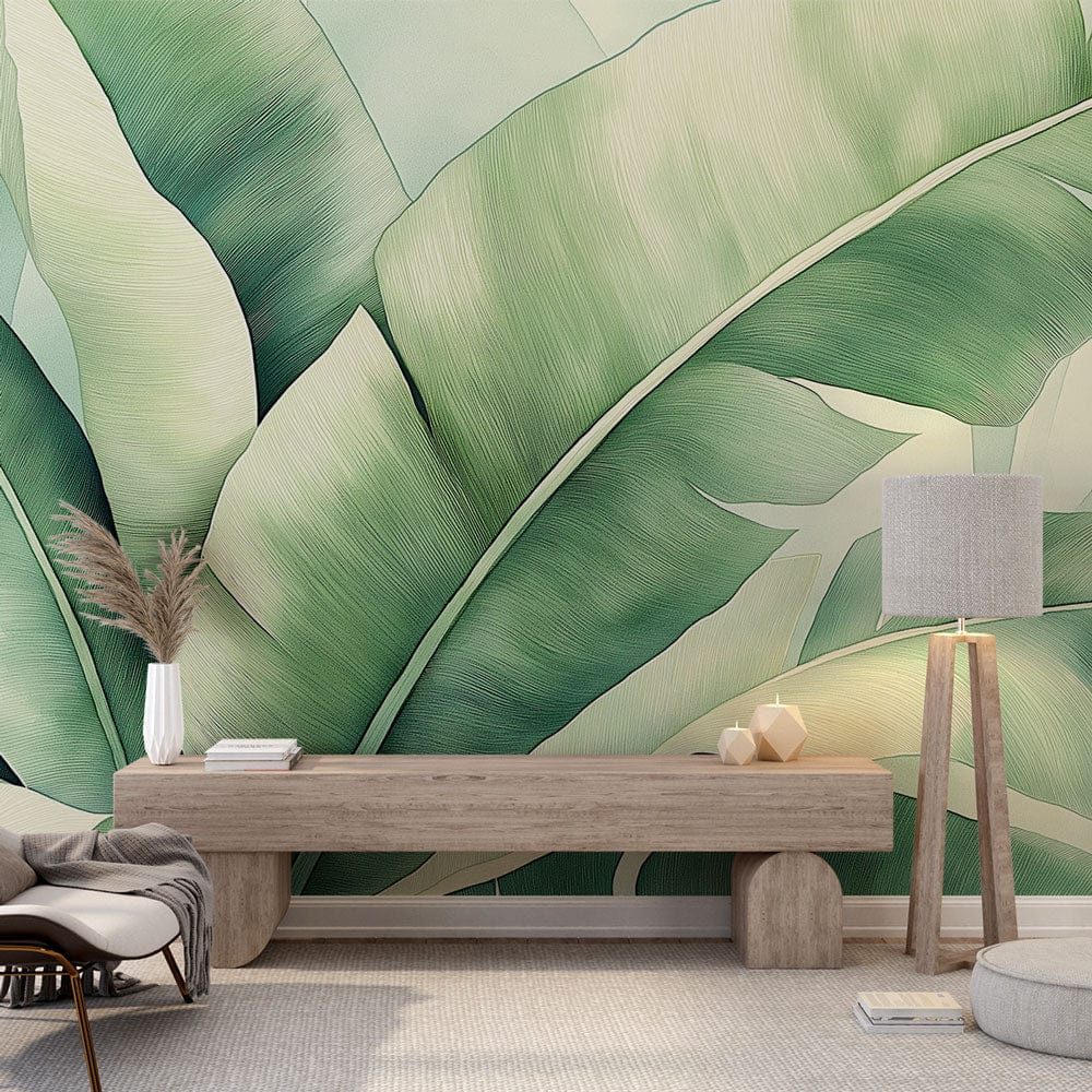 Tropical banana leaf wallpaper in modern living room showing scale and depth of large-scale botanical pattern