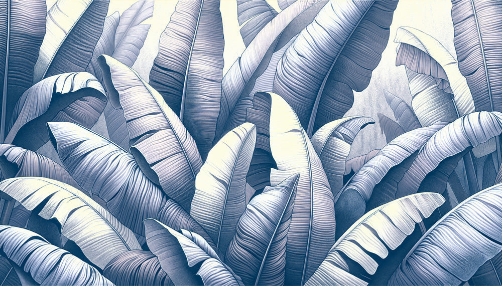 Blue tropical banana leaf wallpaper mural creating a fresh, coastal vibe in a modern living room with white furniture