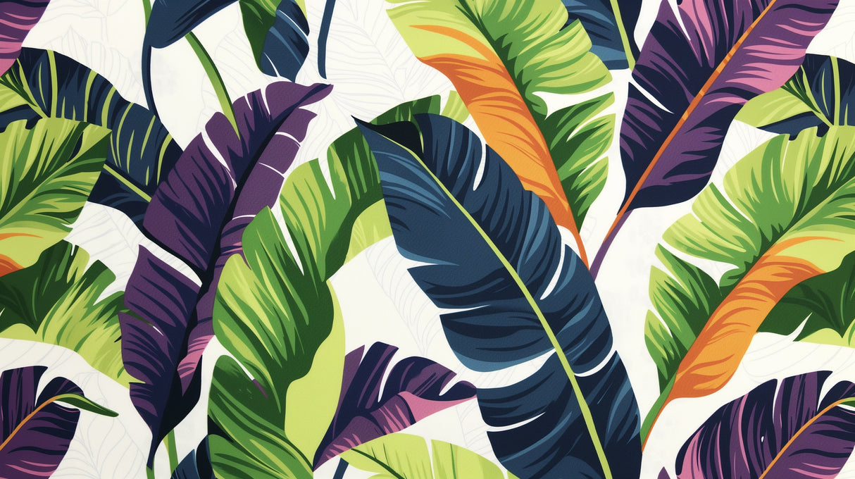 Tropical leaves wallpaper creating a bold statement in a modern living room with white furniture and natural light