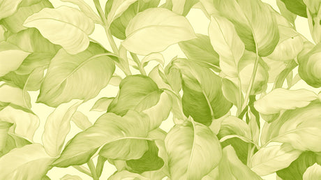 Large green leaf wallpaper bringing fresh energy to a bright bedroom space