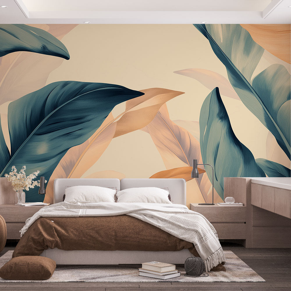 Tropical leaf wallpaper with teal and beige monstera leaves creating a calm atmosphere in a modern living room